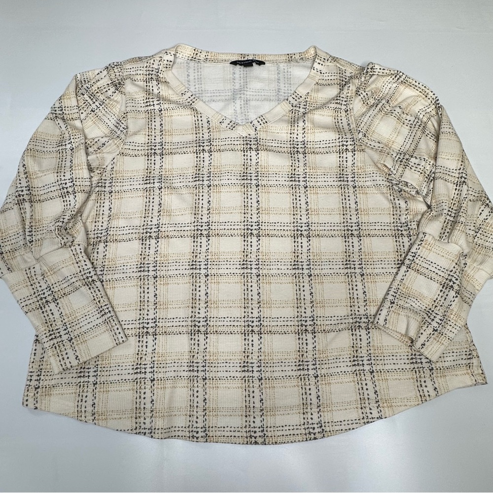 Zac & Rachel Womens Shirt Plus Size 2X Top Ivory Plaid Balloon Sleeve Vneck